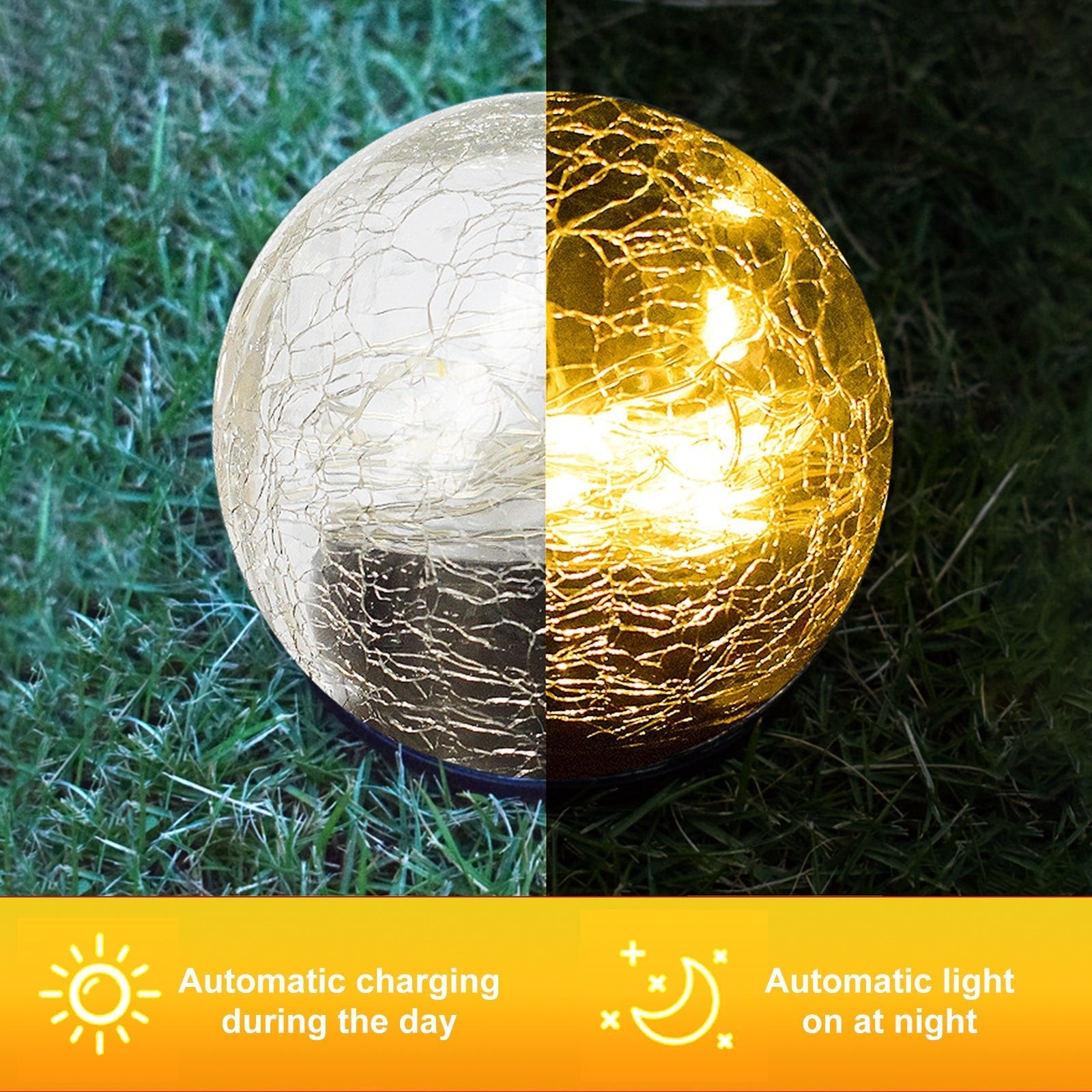 2Pcs Solar Lights Outdoor Garden Decor Cracked Glass Ball Warm Lights - Anna's Shop