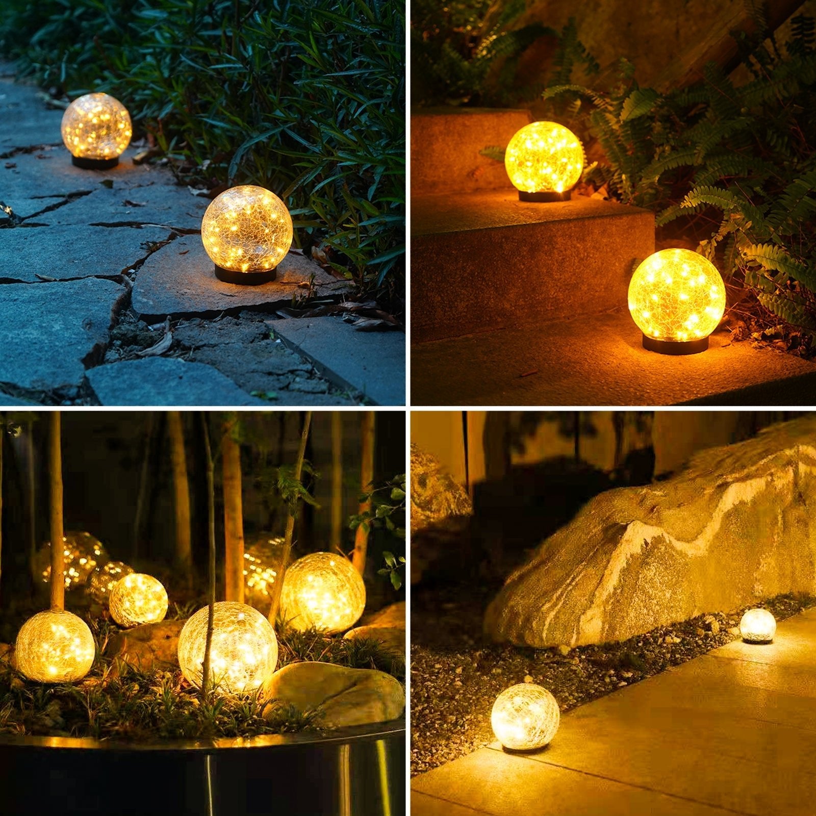 2Pcs Solar Lights Outdoor Garden Decor Cracked Glass Ball Warm Lights - Anna's Shop