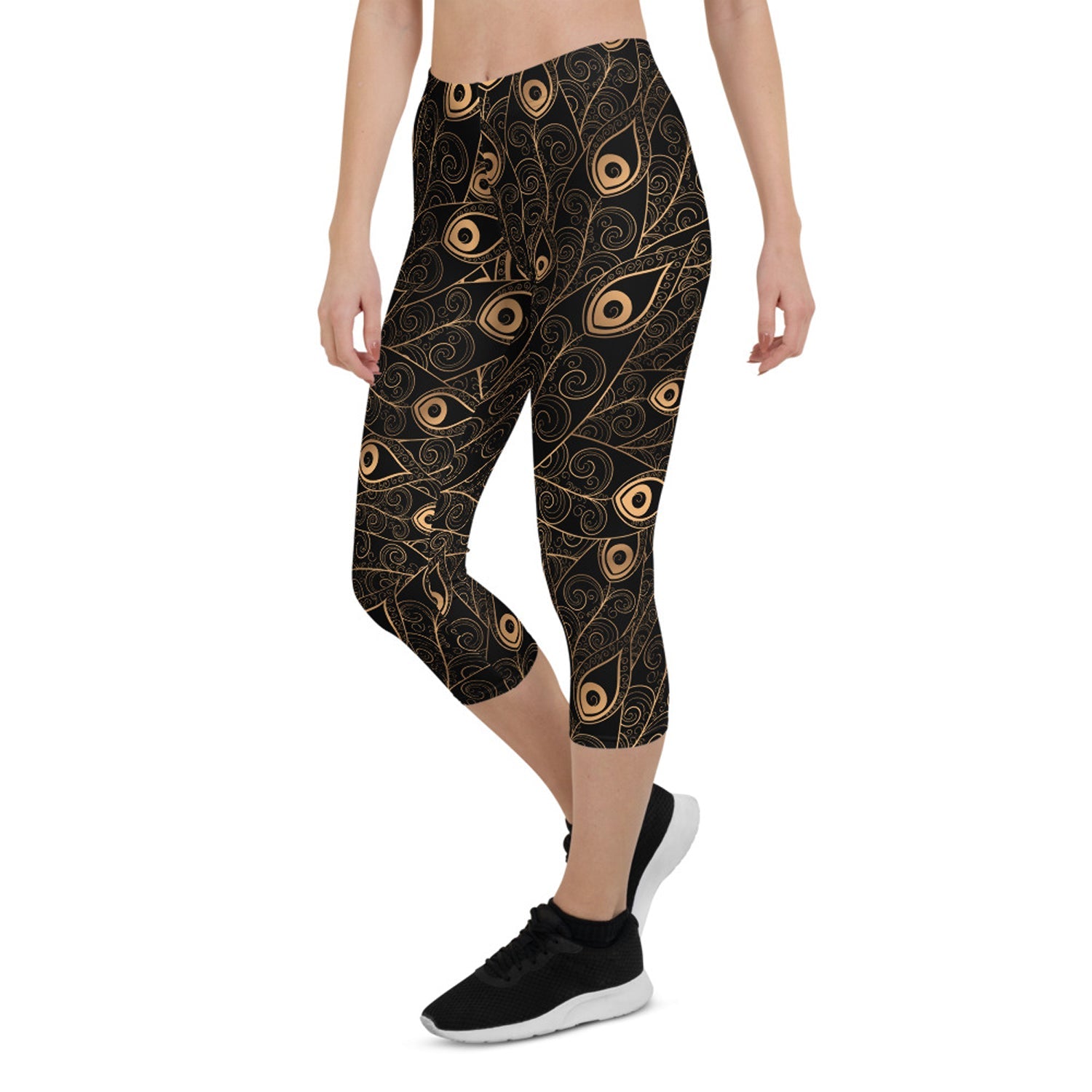 Art Deco Peacock Feather Black Capri Leggings - Anna's Shop