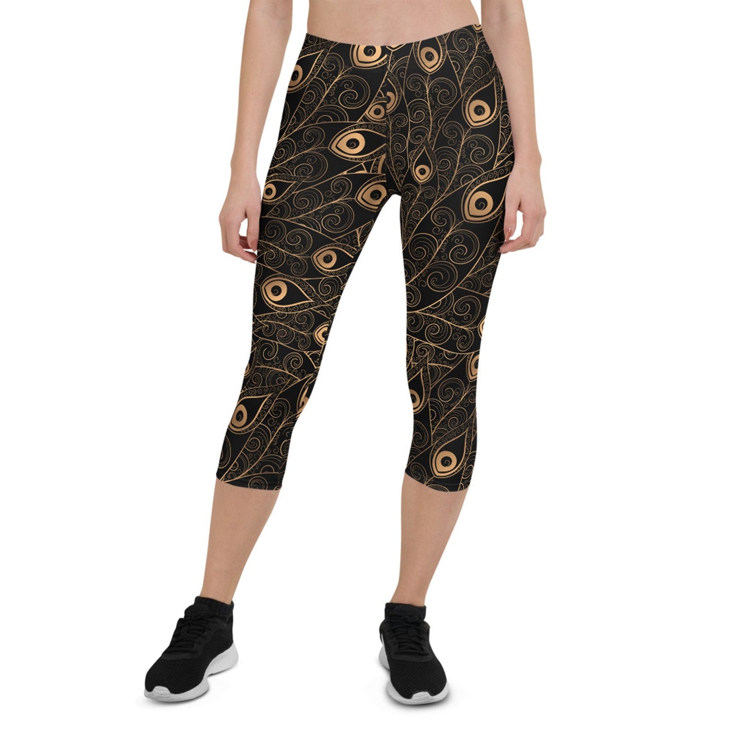 Art Deco Peacock Feather Black Capri Leggings - Anna's Shop