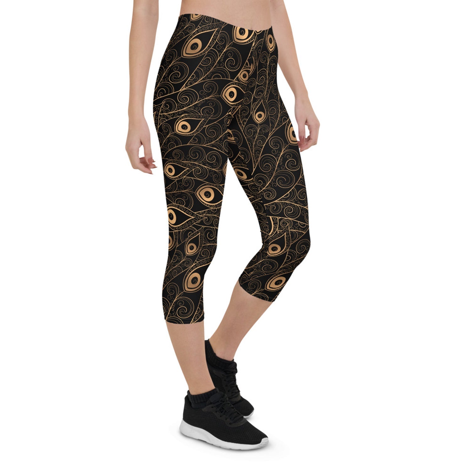 Art Deco Peacock Feather Black Capri Leggings - Anna's Shop