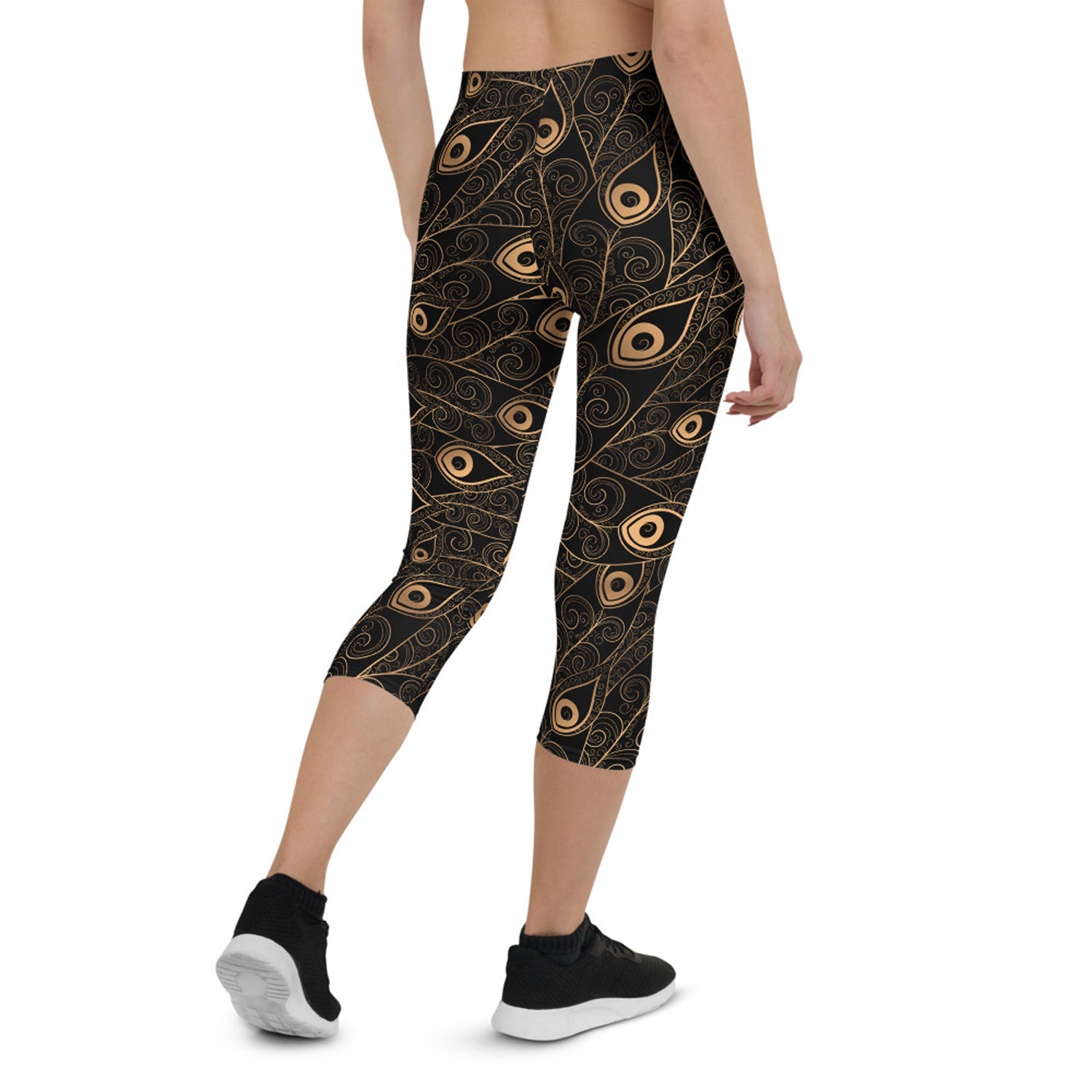 Art Deco Peacock Feather Black Capri Leggings - Anna's Shop