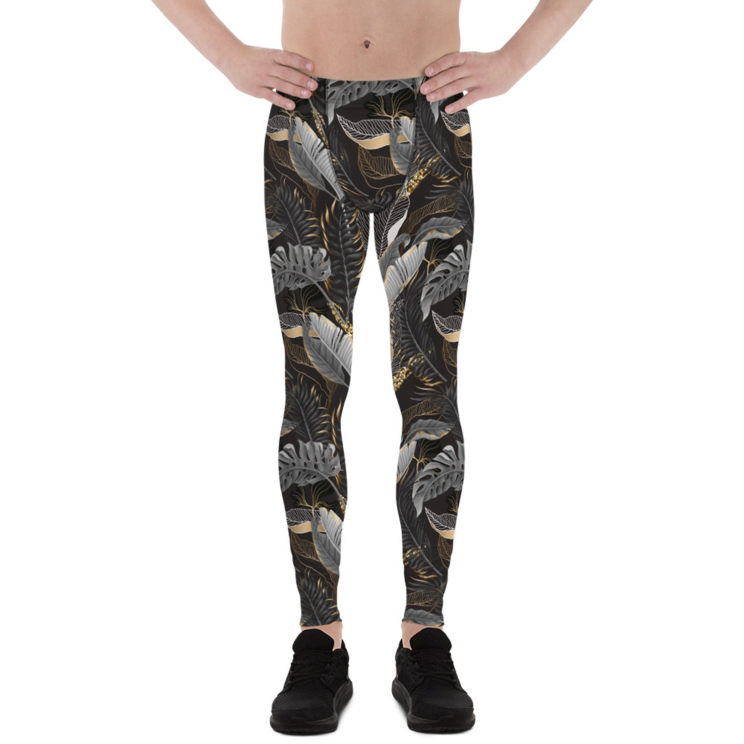 Black and Gold Palm Leaf Leggings for Men - Anna's Shop