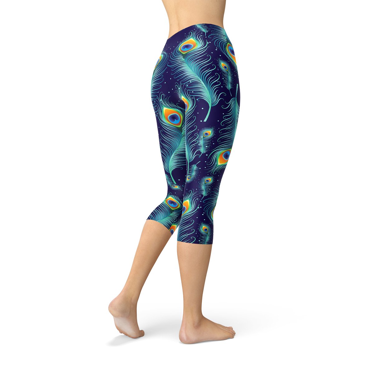 Blue Peacock Feathers Capri Leggings - Anna's Shop