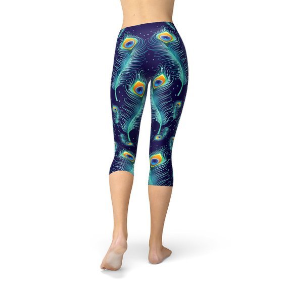 Blue Peacock Feathers Capri Leggings - Anna's Shop