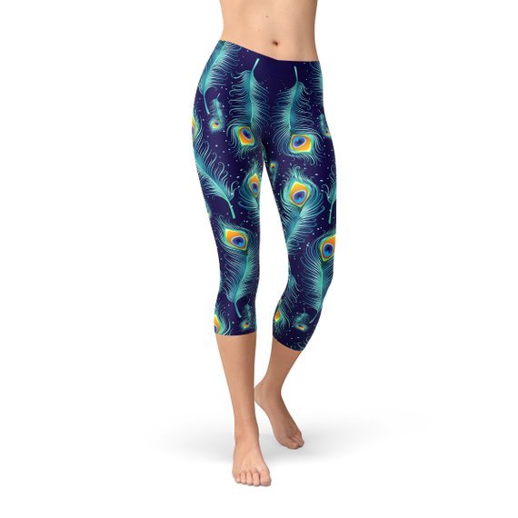 Blue Peacock Feathers Capri Leggings - Anna's Shop