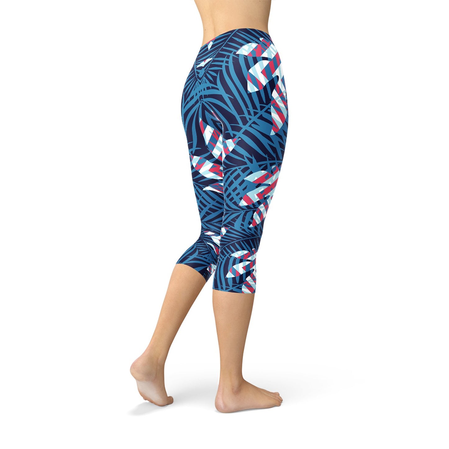 Blue Tropical Leaf Capri Leggings for Women - Anna's Shop