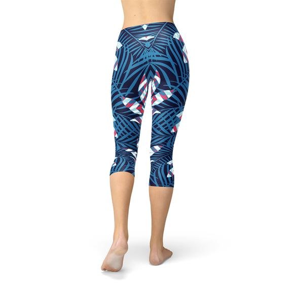 Blue Tropical Leaf Capri Leggings for Women - Anna's Shop