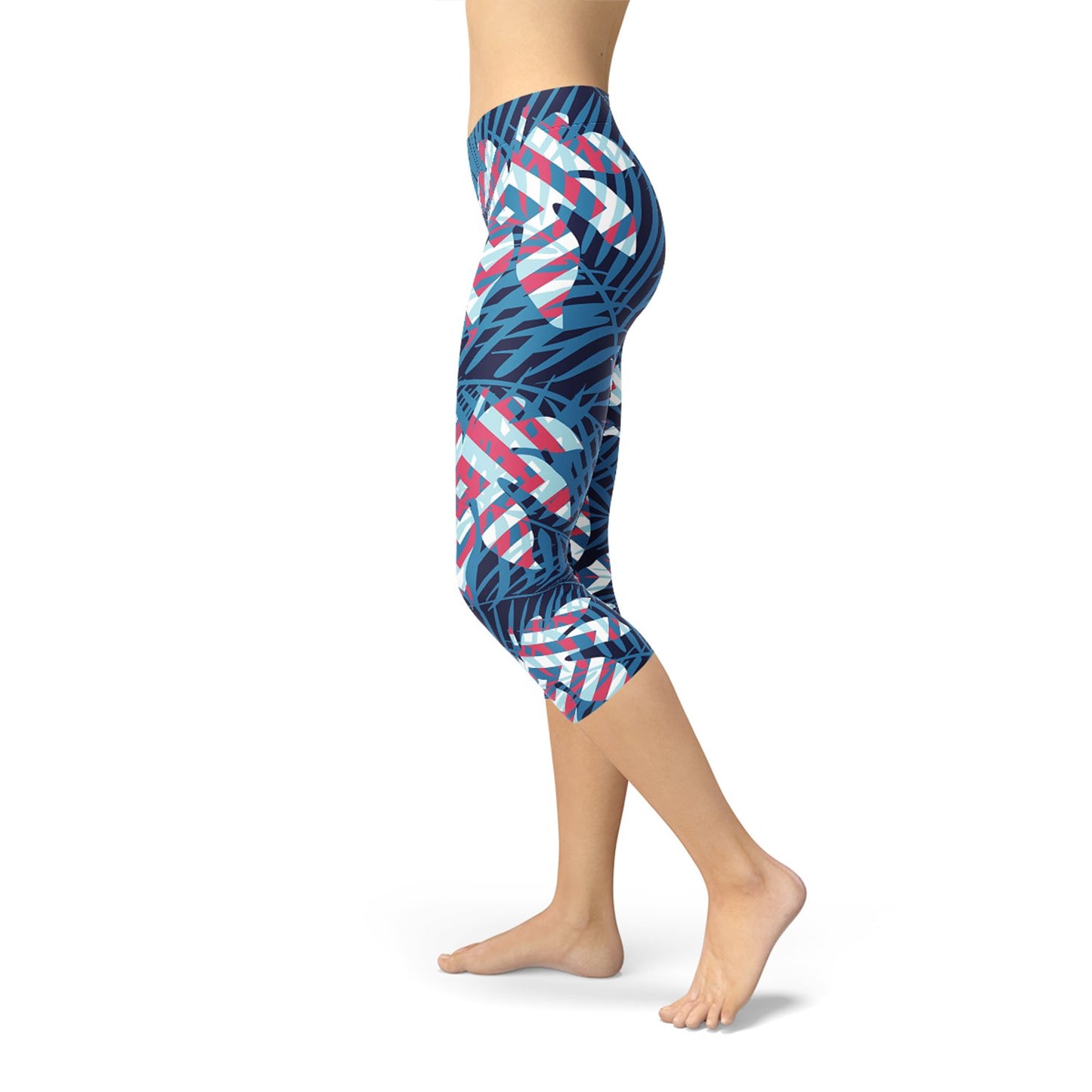 Blue Tropical Leaf Capri Leggings for Women - Anna's Shop