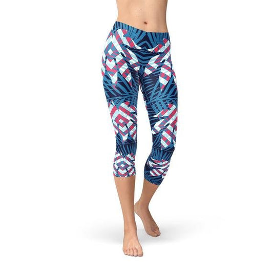 Blue Tropical Leaf Capri Leggings for Women - Anna's Shop