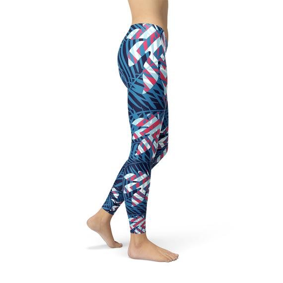 Blue Tropical Leaf Leggings for Women - Anna's Shop