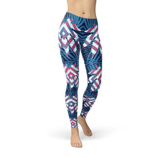 Blue Tropical Leaf Leggings for Women - Anna's Shop