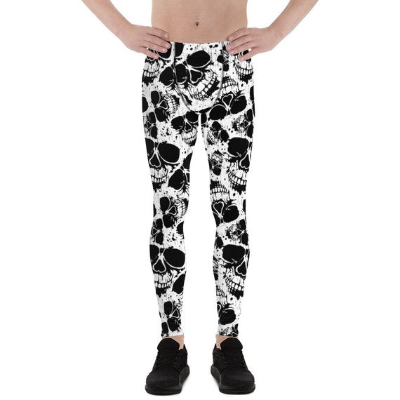 Mens Leggings - Black and White Skull Leggings - Anna's Shop