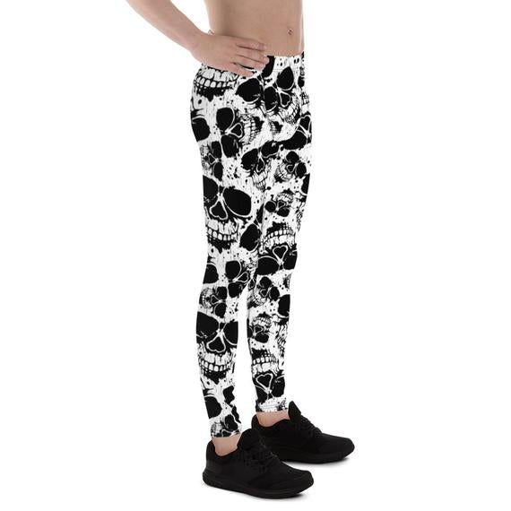 Mens Leggings - Black and White Skull Leggings - Anna's Shop