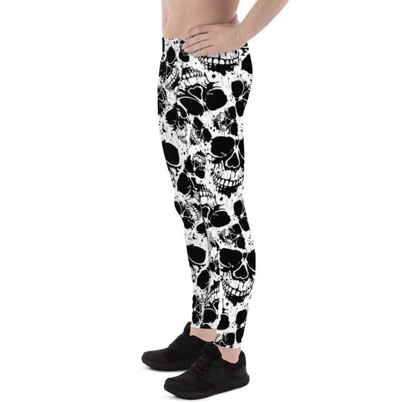 Mens Leggings - Black and White Skull Leggings - Anna's Shop