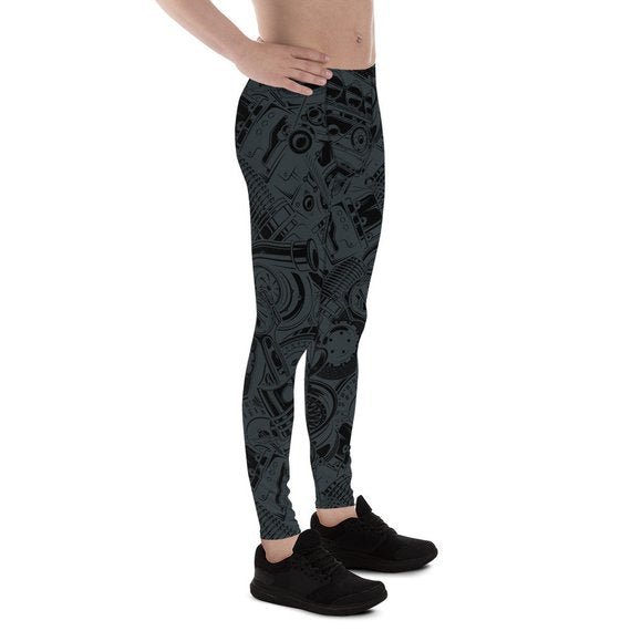 Mens Leggings - Black Leggings with Auto Parts - Anna's Shop