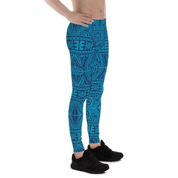 Mens Leggings - Blue Tribal Maori Tattoo Leggings - Anna's Shop