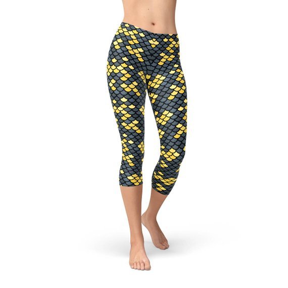 Mermaid Capri Leggings for Women with Dark Gray and Yellow Fish Scales - Anna's Shop