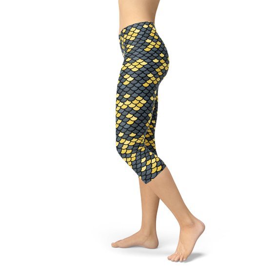 Mermaid Capri Leggings for Women with Dark Gray and Yellow Fish Scales - Anna's Shop