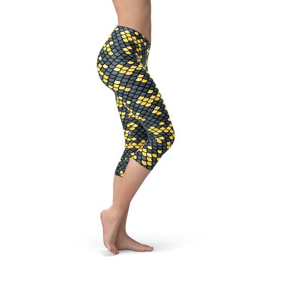 Mermaid Capri Leggings for Women with Dark Gray and Yellow Fish Scales - Anna's Shop