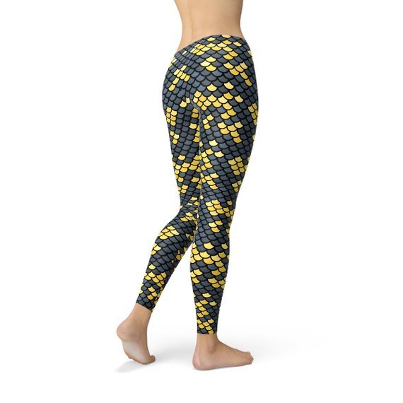 Mermaid Leggings with Dark Gray and Yellow Fish Scales Pattern Print - Anna's Shop