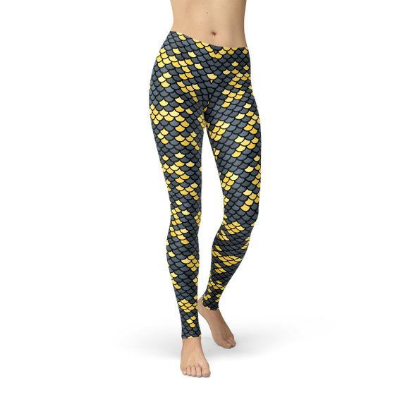 Mermaid Leggings with Dark Gray and Yellow Fish Scales Pattern Print - Anna's Shop