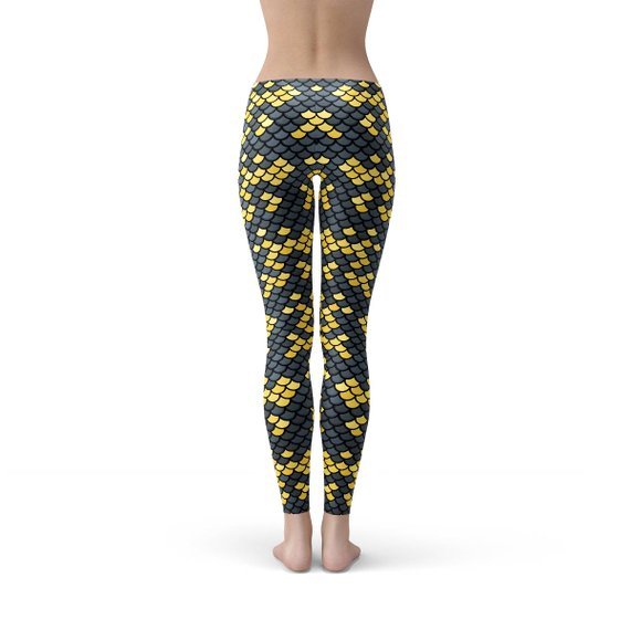 Mermaid Leggings with Dark Gray and Yellow Fish Scales Pattern Print - Anna's Shop