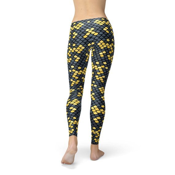 Mermaid Leggings with Dark Gray and Yellow Fish Scales Pattern Print - Anna's Shop