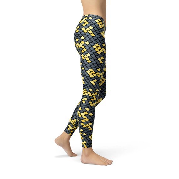 Mermaid Leggings with Dark Gray and Yellow Fish Scales Pattern Print - Anna's Shop