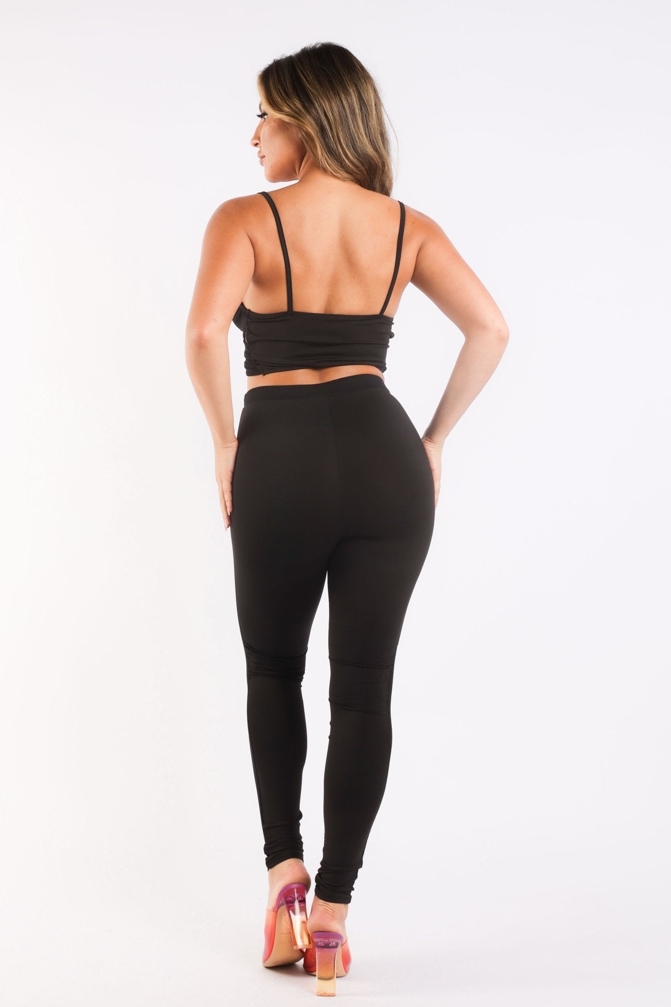 Mesh Contrast Sets Casual Sports Strappy Sleeve Top & Leggings BLACK - Anna's Shop