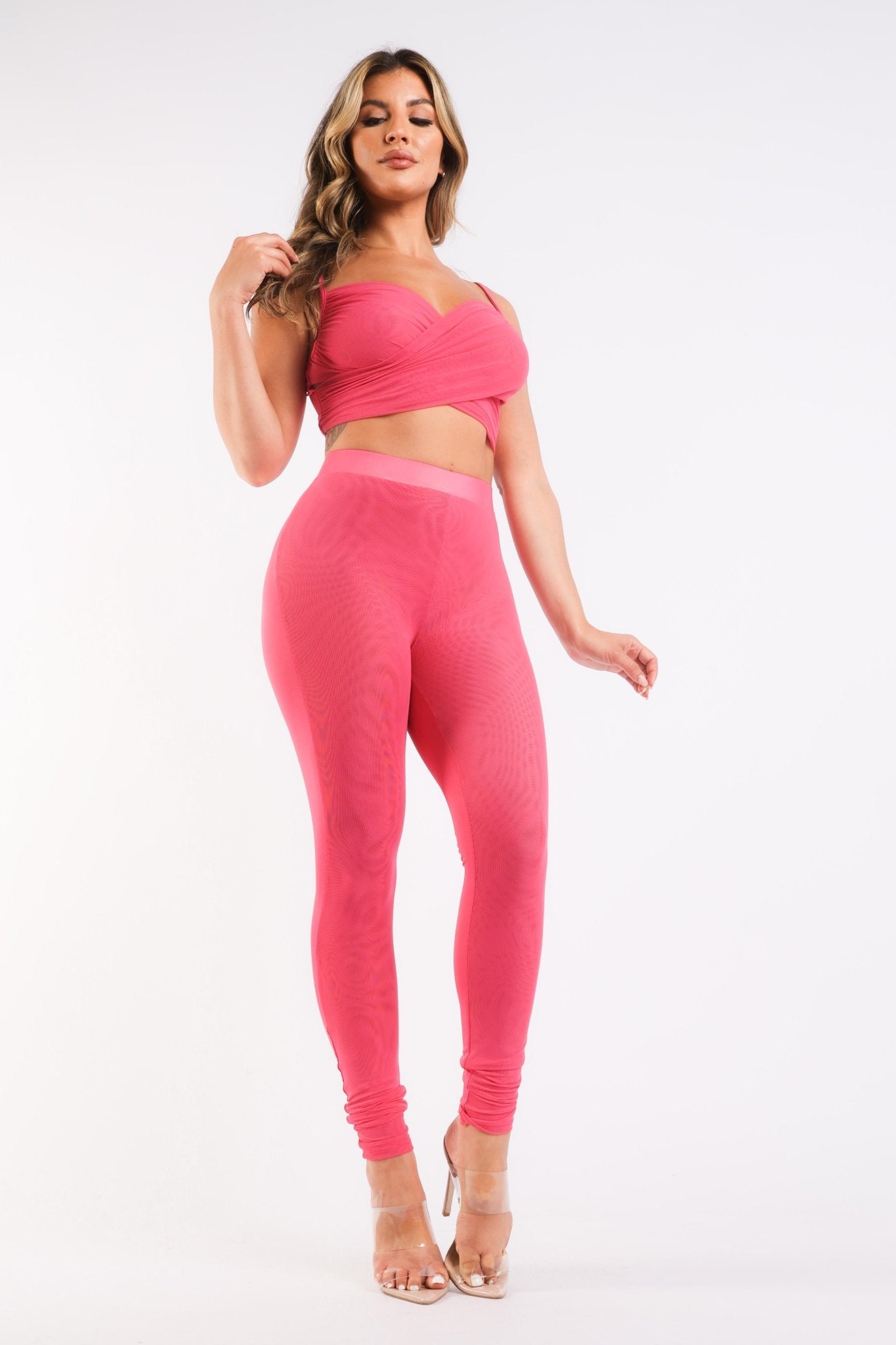 Mesh Contrast Sets Casual Sports Strappy Sleeve Top & Leggings FUCHSIA - Anna's Shop