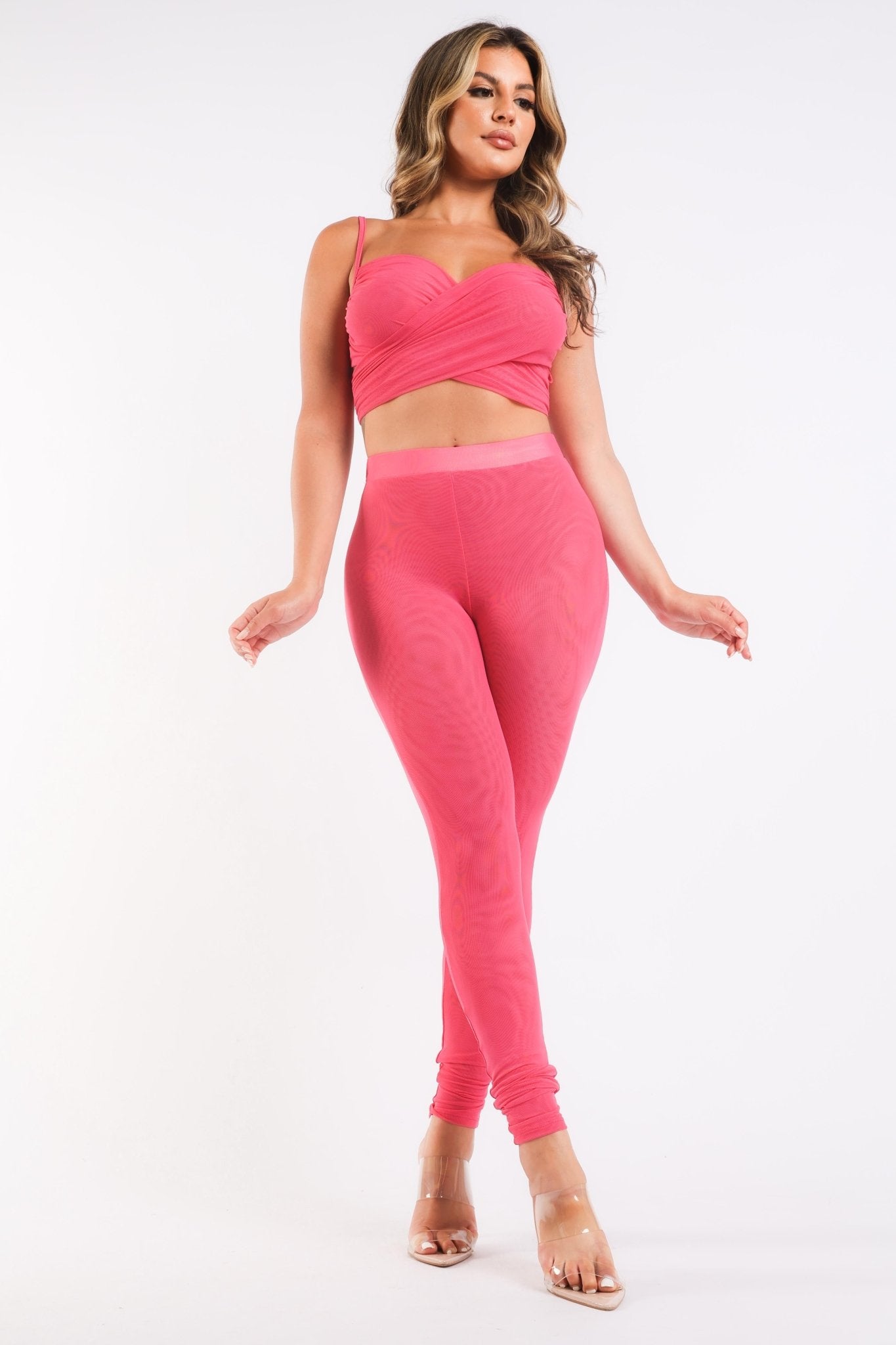 Mesh Contrast Sets Casual Sports Strappy Sleeve Top & Leggings FUCHSIA - Anna's Shop