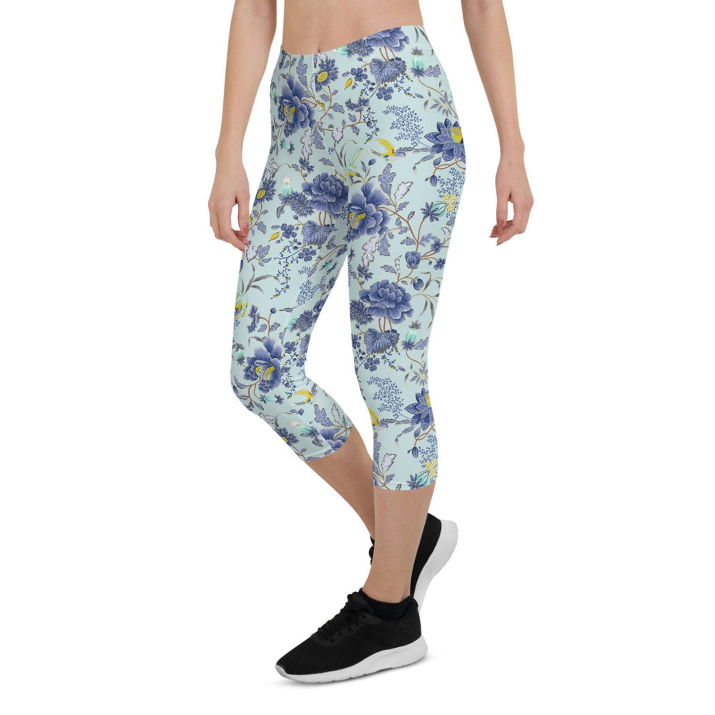 Oriental Floral Capri Leggings on Light Blue - Anna's Shop