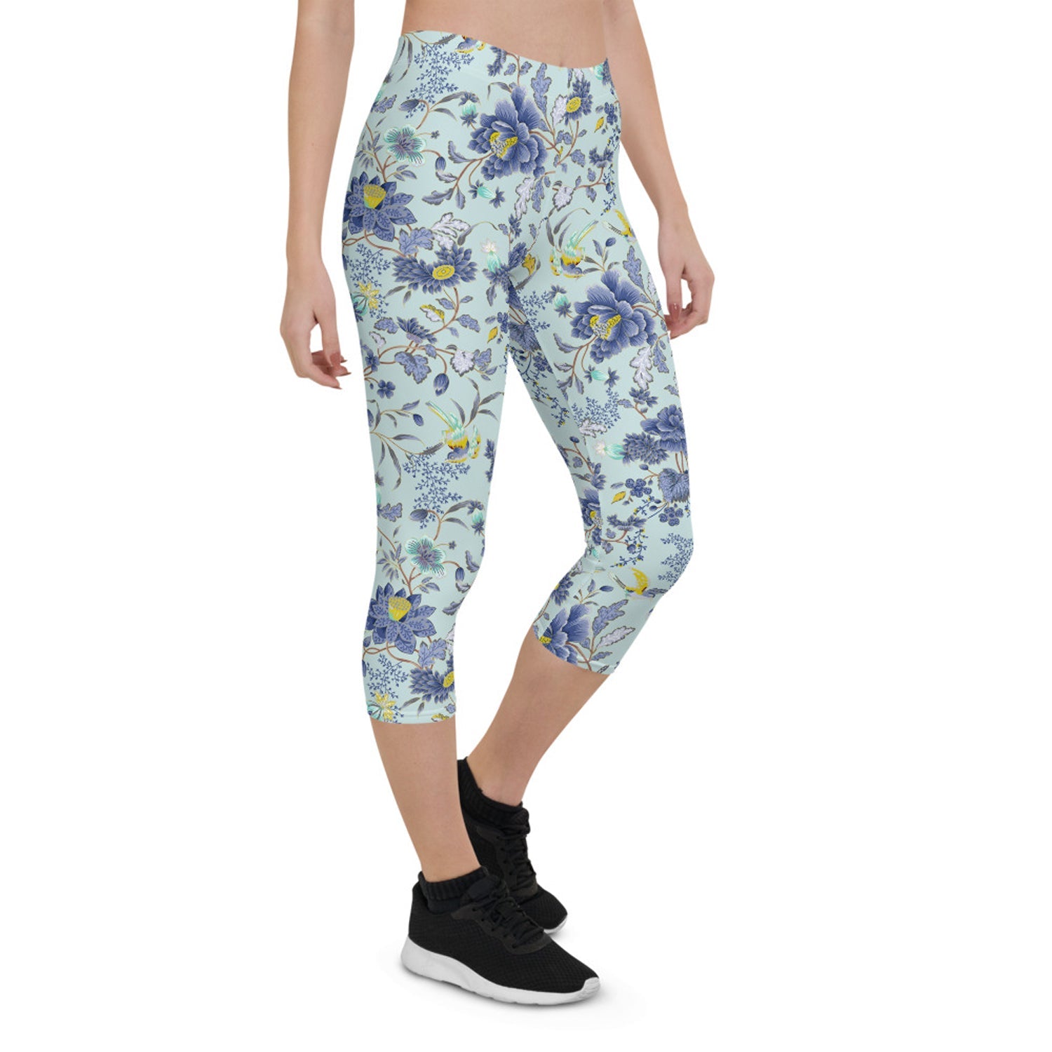 Oriental Floral Capri Leggings on Light Blue - Anna's Shop