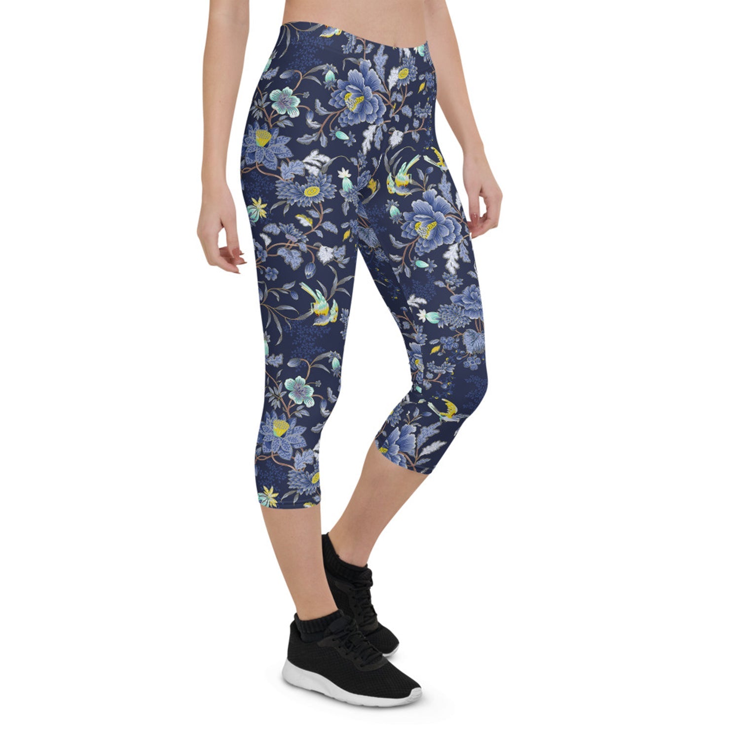 Oriental Floral Capri Leggings on Navy Blue - Anna's Shop