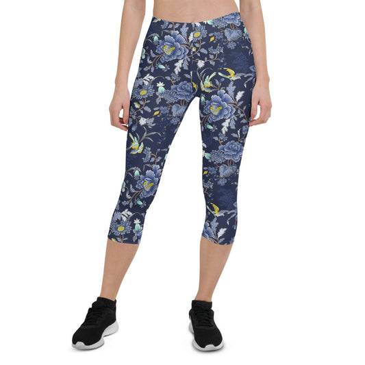 Oriental Floral Capri Leggings on Navy Blue - Anna's Shop