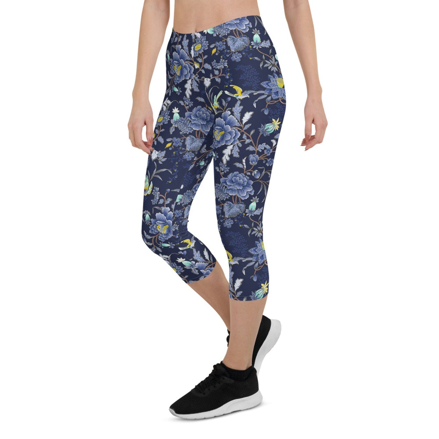 Oriental Floral Capri Leggings on Navy Blue - Anna's Shop