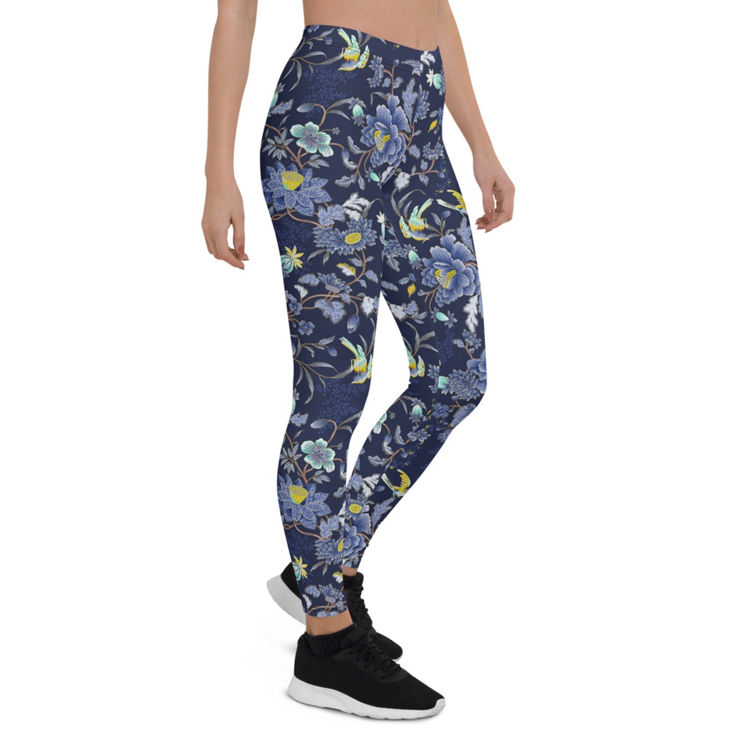 Oriental Floral Leggings on Navy Blue Background - Anna's Shop