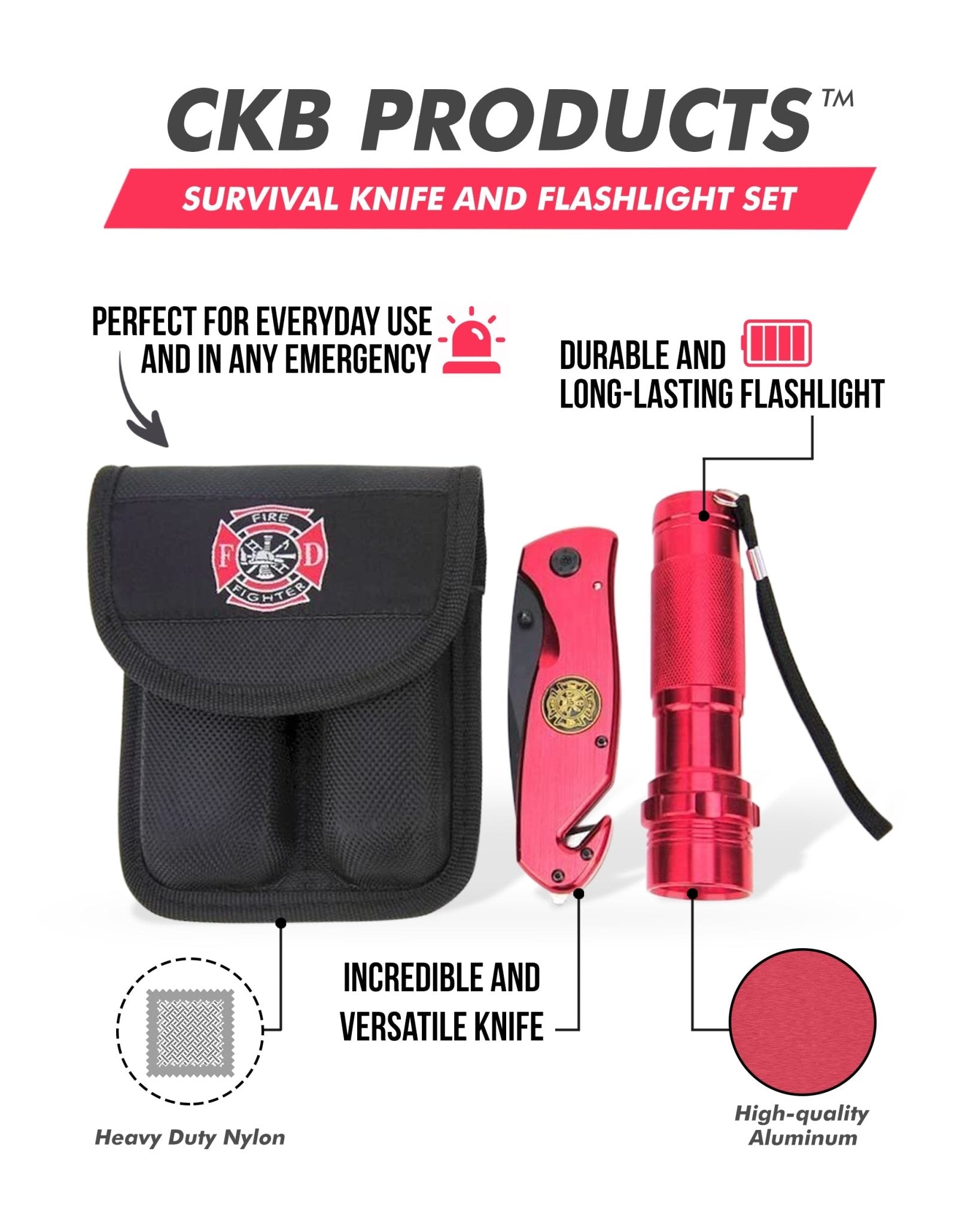 Survival Knife and Flashlight Set - Red Finish - Firefighter - LED - Anna's Shop