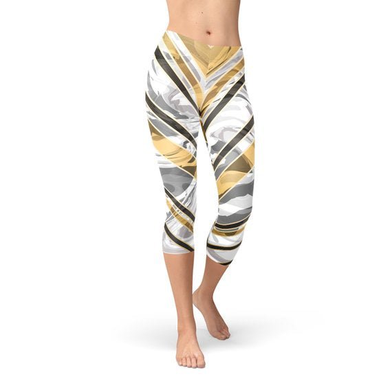 White Marble w/ Black Gold Lines Capri Leggings - Anna's Shop