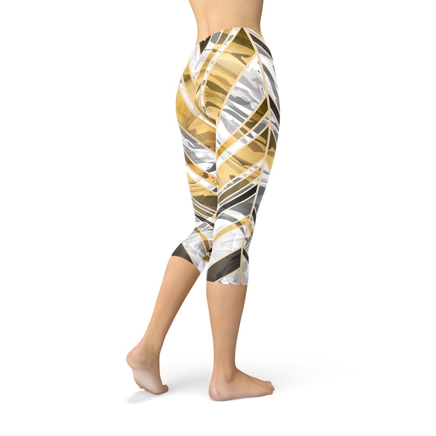 White Marble w/ Black Gold Lines Capri Leggings - Anna's Shop