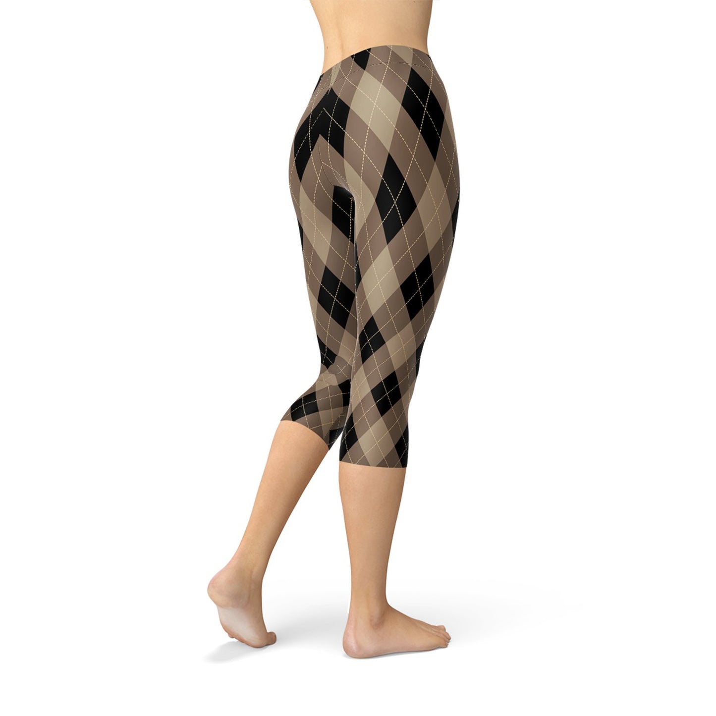 Womens Beige Brown Argyle Capri Leggings - Anna's Shop