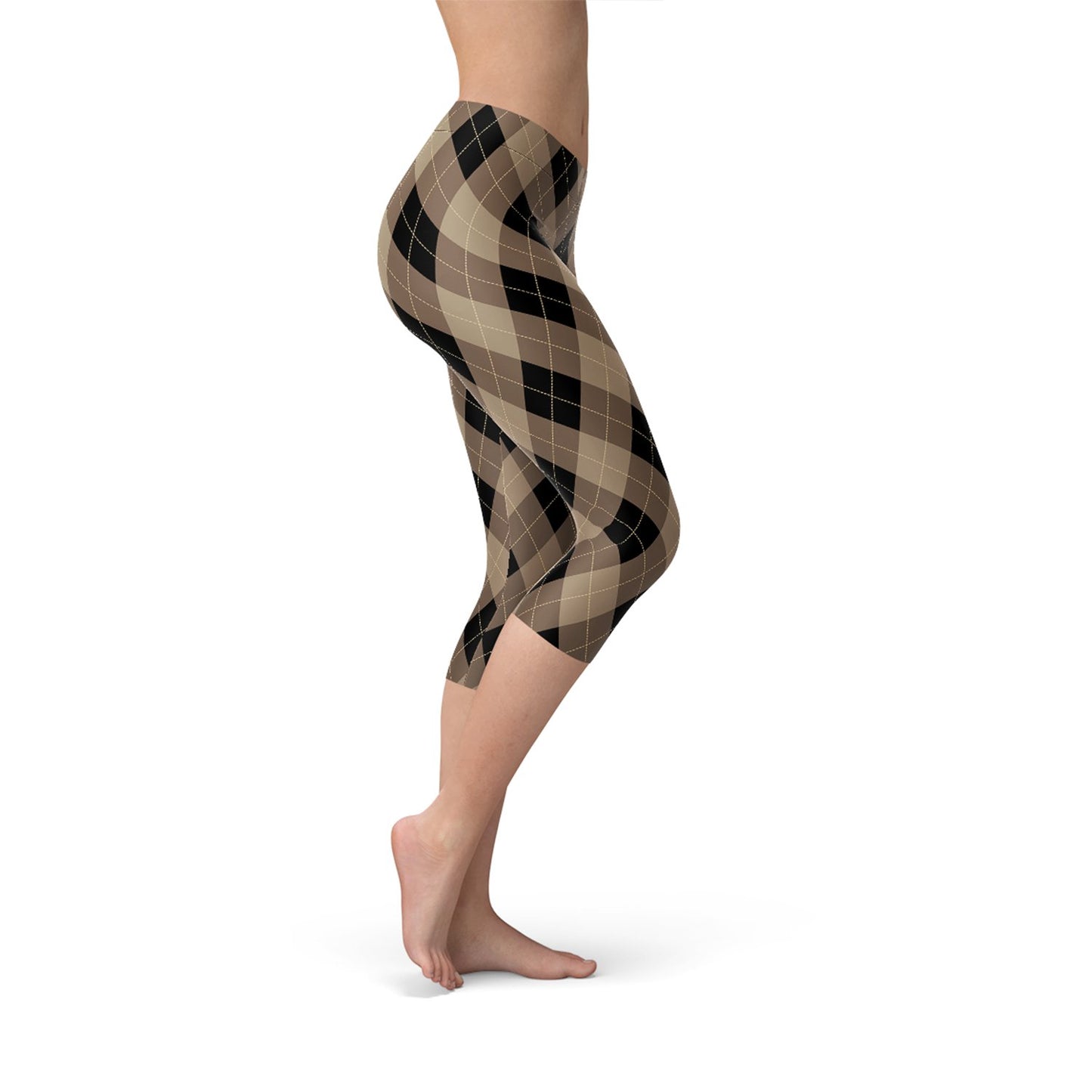 Womens Beige Brown Argyle Capri Leggings - Anna's Shop