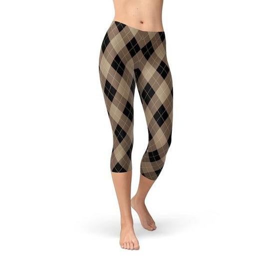 Womens Beige Brown Argyle Capri Leggings - Anna's Shop