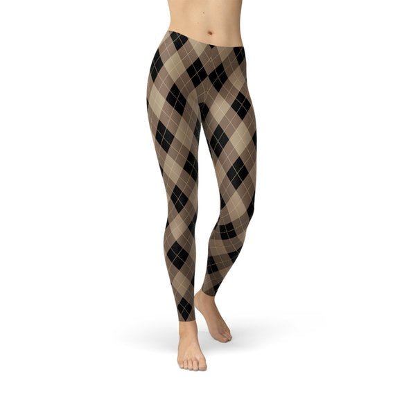 Womens Beige Brown Argyle Leggings - Anna's Shop