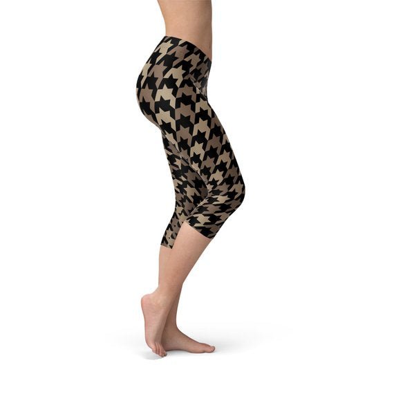 Womens Beige Brown Houndstooth Capri Leggings - Anna's Shop