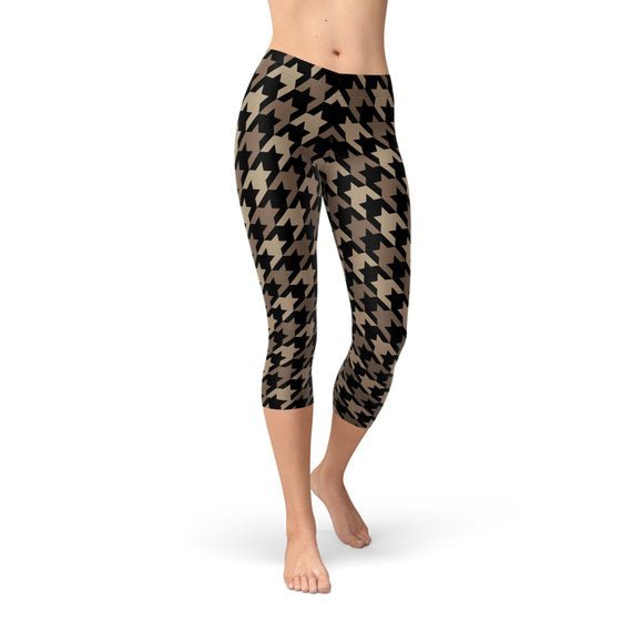 Womens Beige Brown Houndstooth Capri Leggings - Anna's Shop