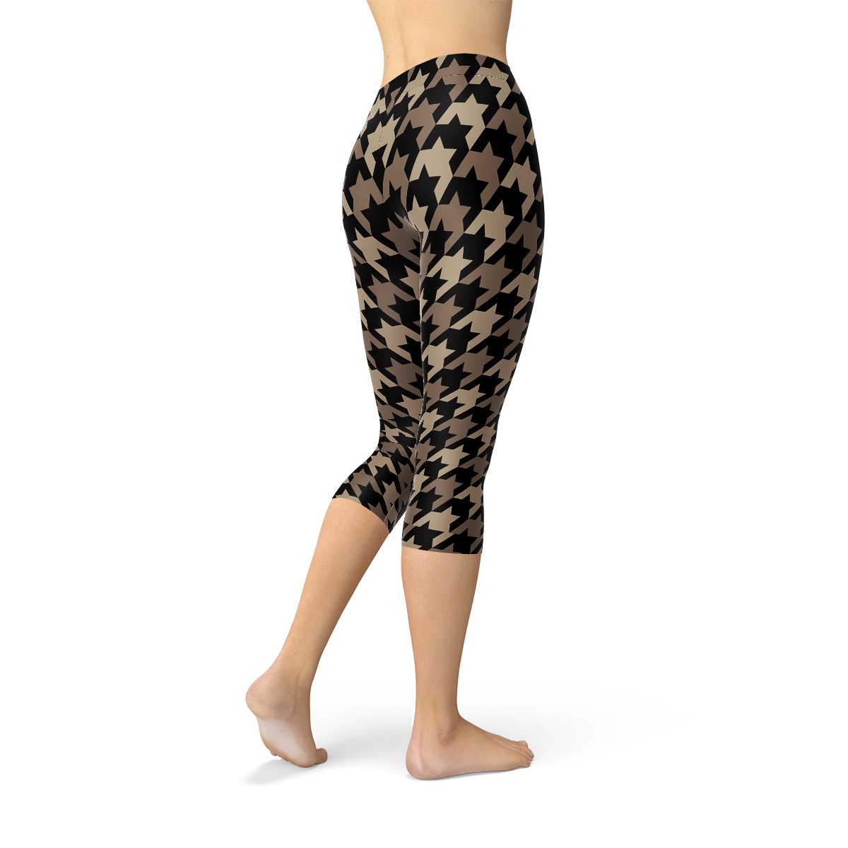 Womens Beige Brown Houndstooth Capri Leggings - Anna's Shop