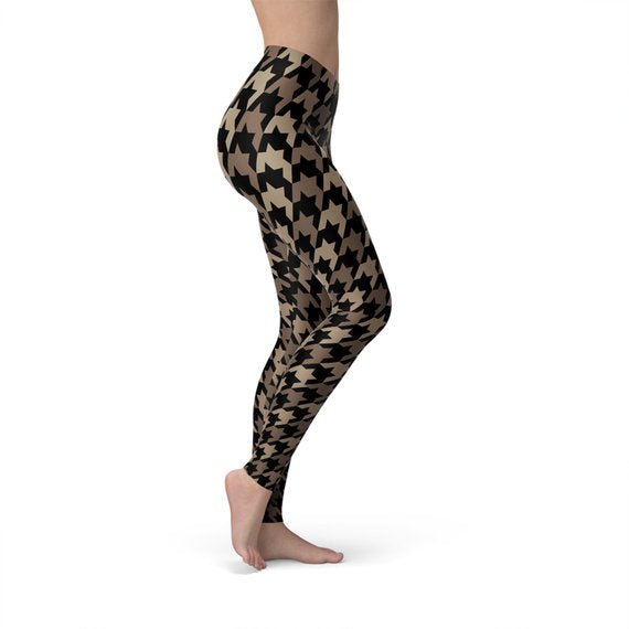 Womens Beige Brown Houndstooth Leggings - Anna's Shop