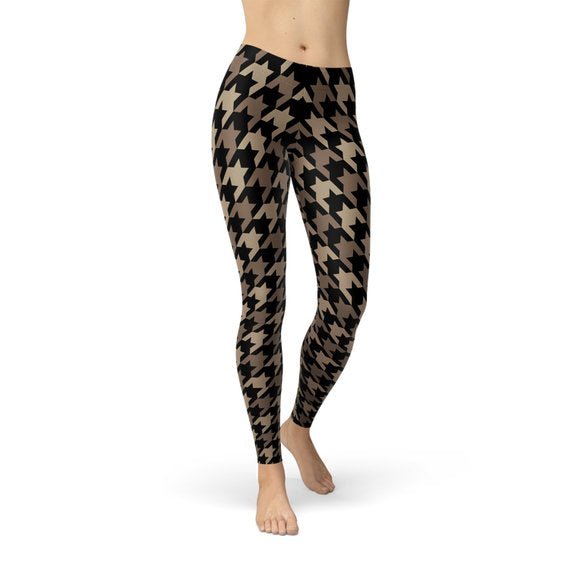 Womens Beige Brown Houndstooth Leggings - Anna's Shop